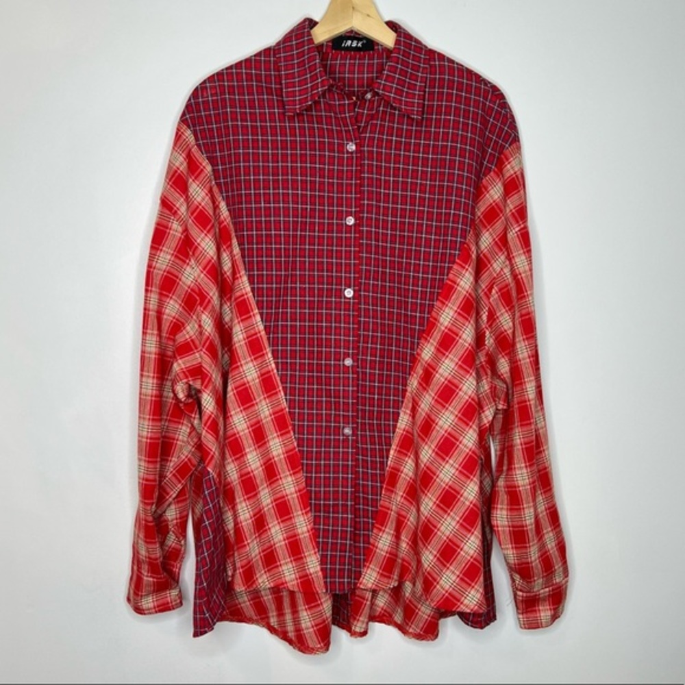 iask Oversized two-tone plaid patchwork button down shirt